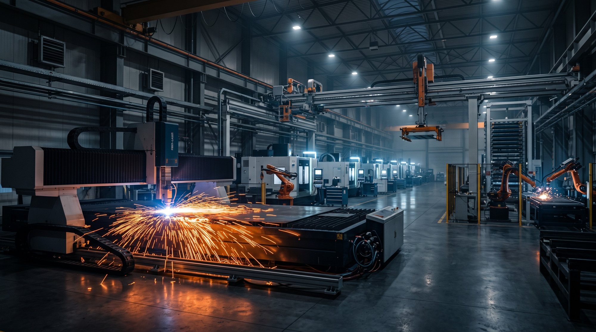 Automated fiber laser fabrication line cutting steel inside the Industrial Machine Worx facility