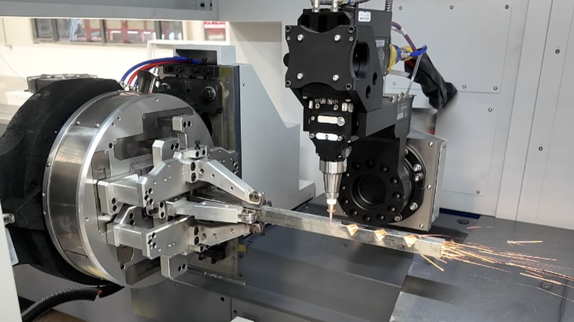 Tube laser cutting square structural steel stock with sparks