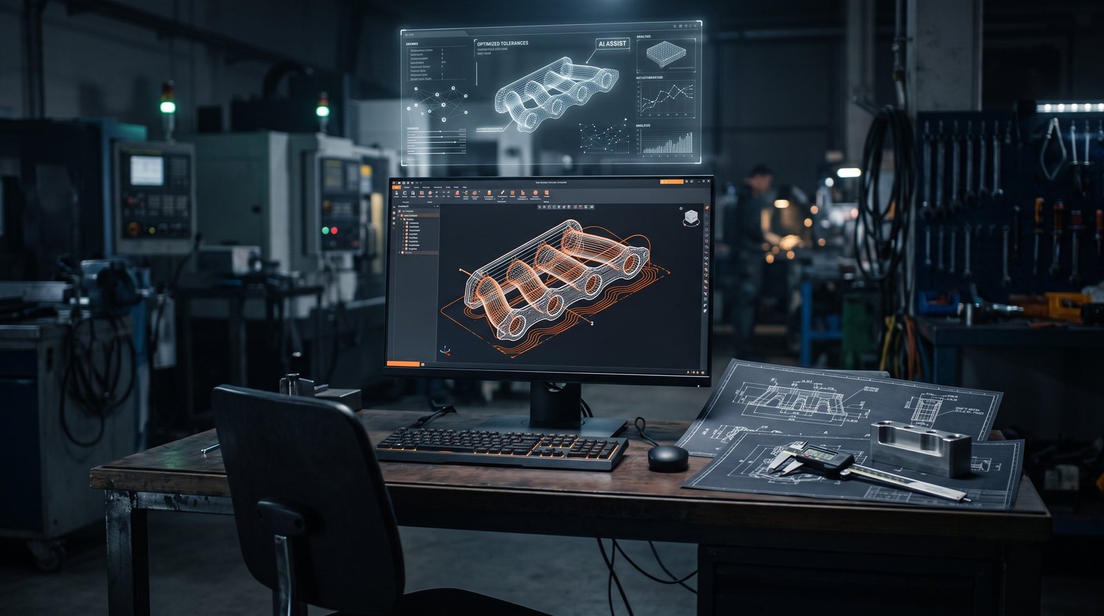 3D CAD model and laser tool-paths on an engineering workstation with technical drawings — AI-assisted design at Industrial Machine Worx