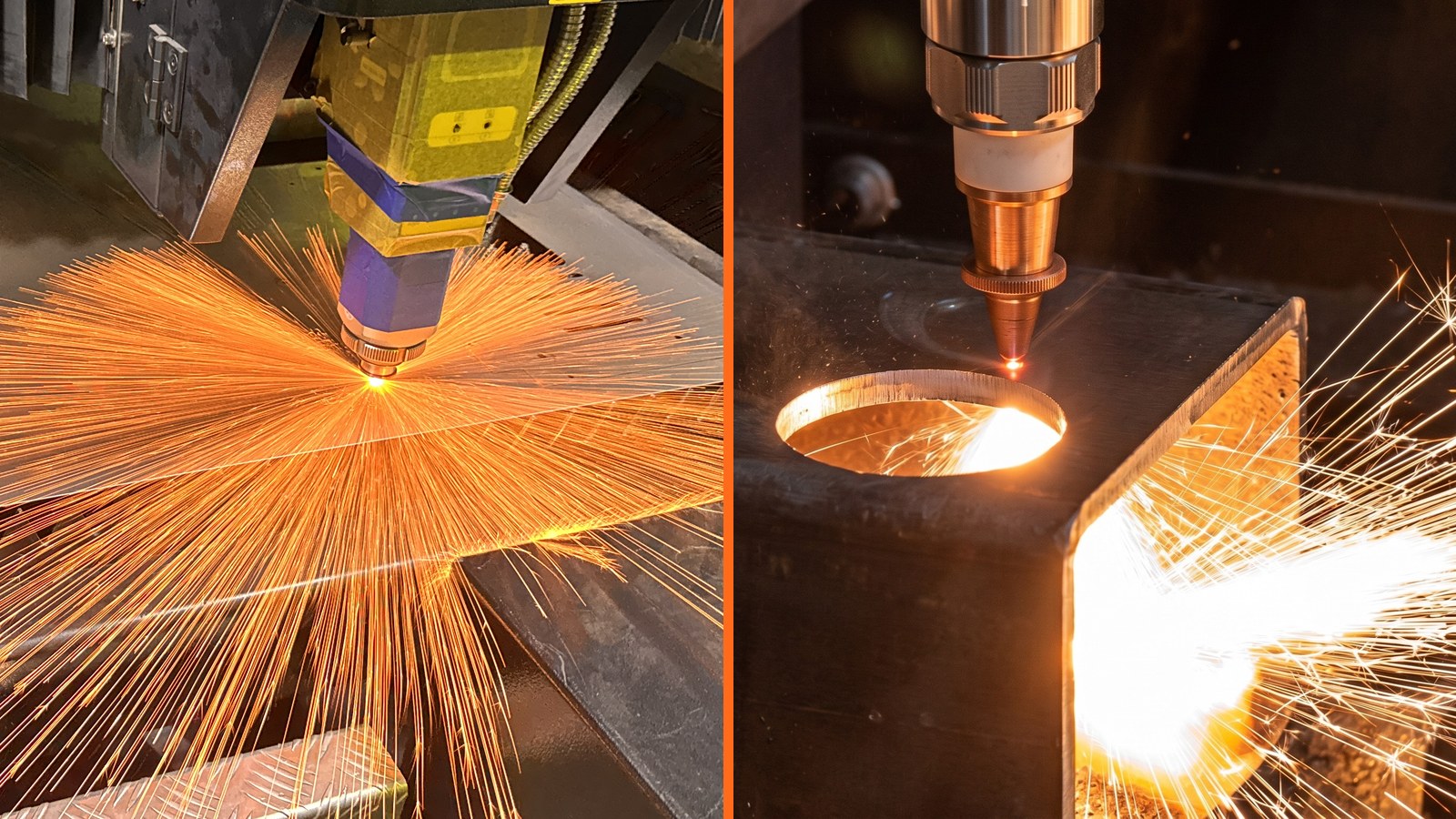 Sheet laser and tube laser cutting steel with sparks — fiber laser services at Industrial Machine Worx