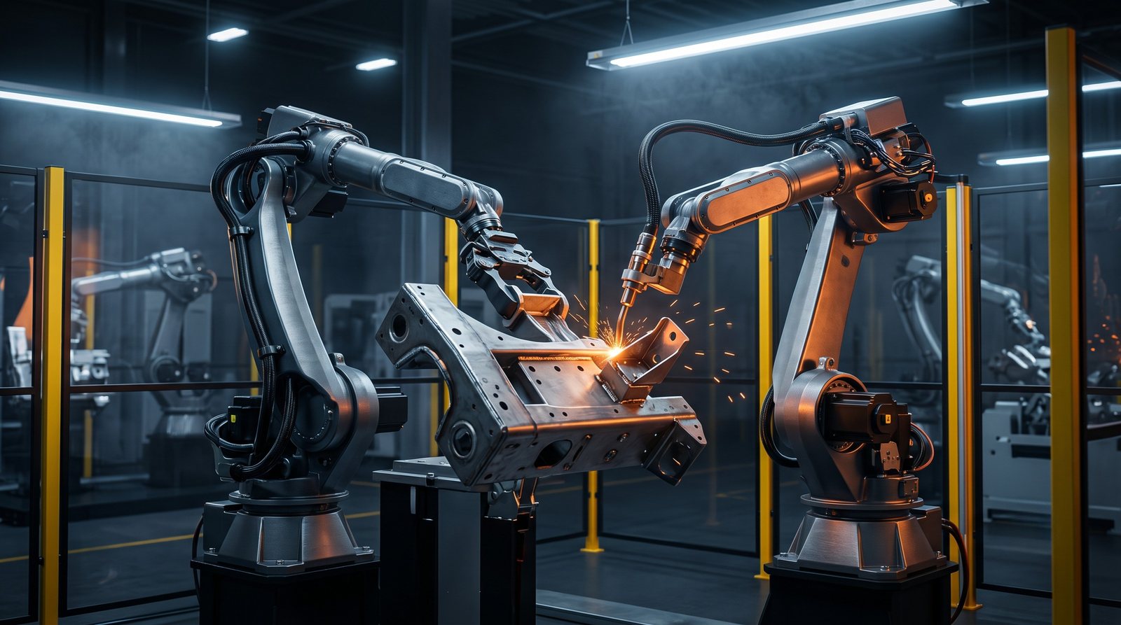 Two robotic arms assembling a fabricated metal component at Industrial Machine Worx