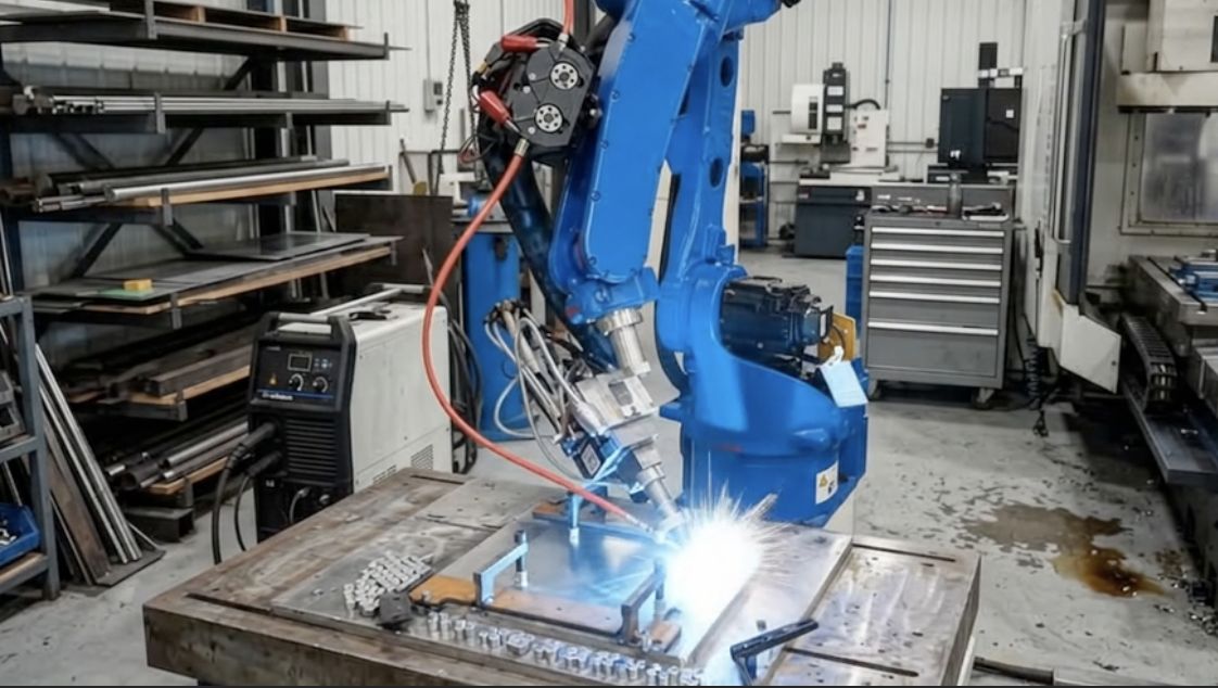 Robotic arm running a laser weld along a steel seam