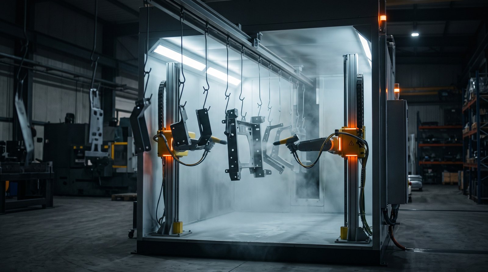Automated powder coating booth applying finish to fabricated metal parts at Industrial Machine Worx