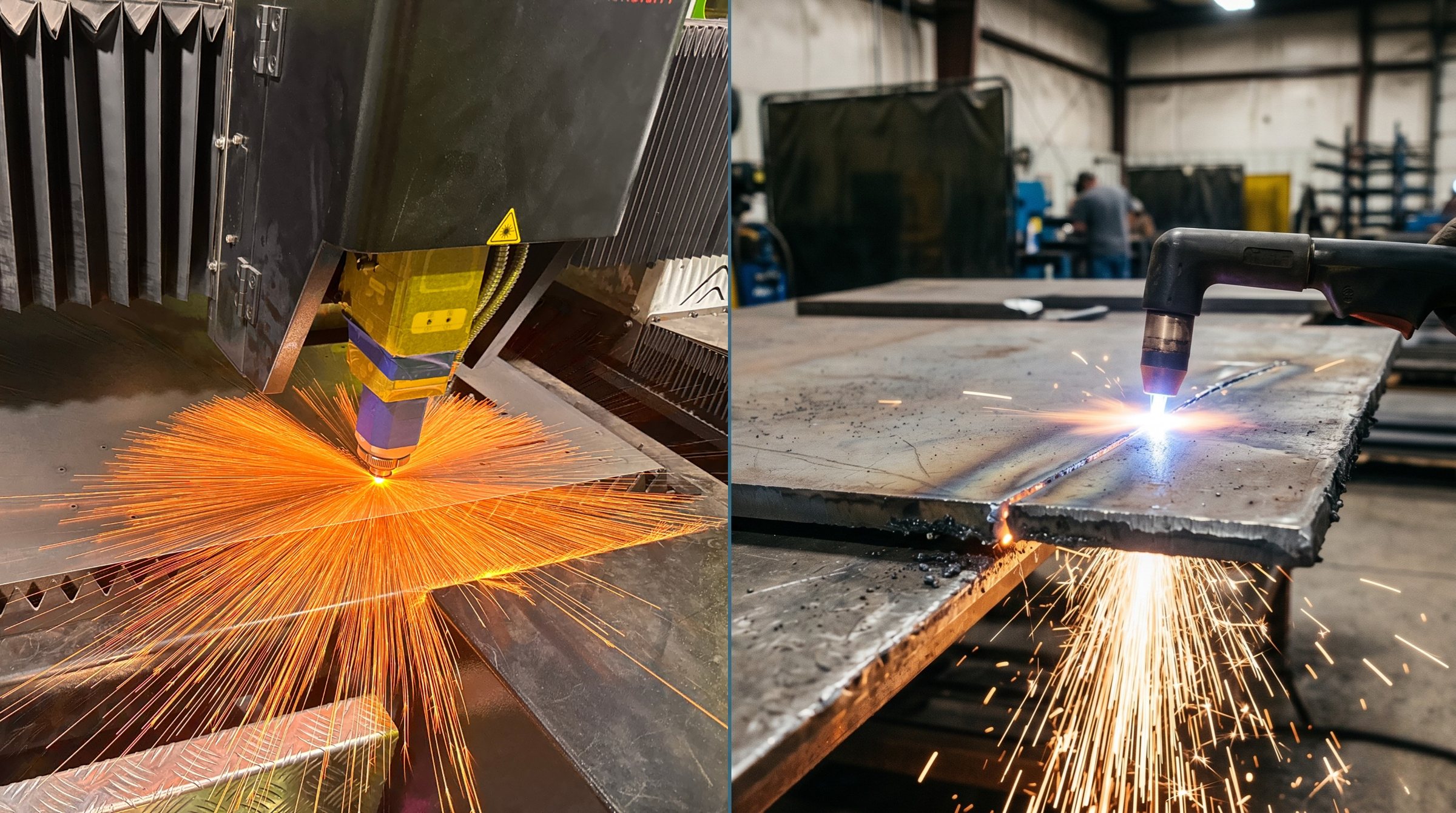 Split view of fiber laser cutting on the left and plasma cutting on the right