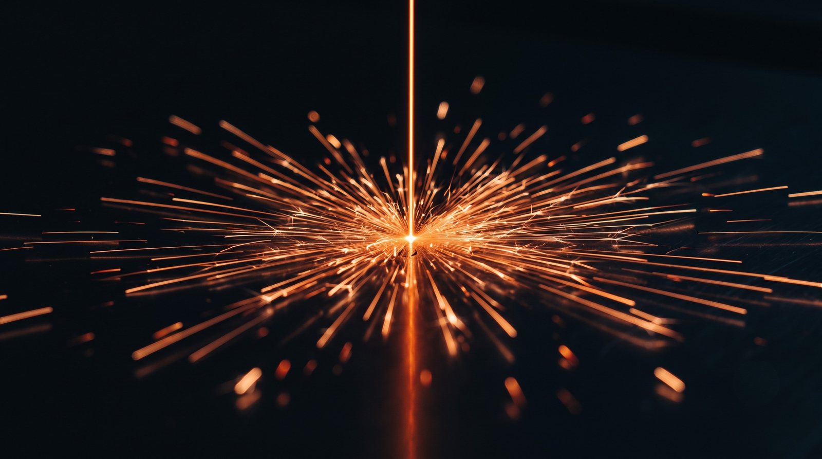 Burst of orange sparks representing precision fiber laser fabrication at Industrial Machine Worx